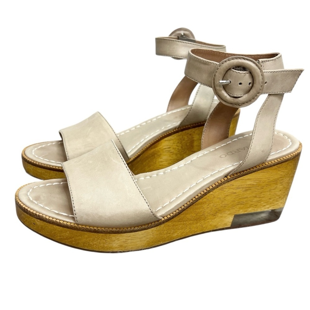 Bernardo Kate beige tan leather wooden platform clear heel ankle strap sandals 9